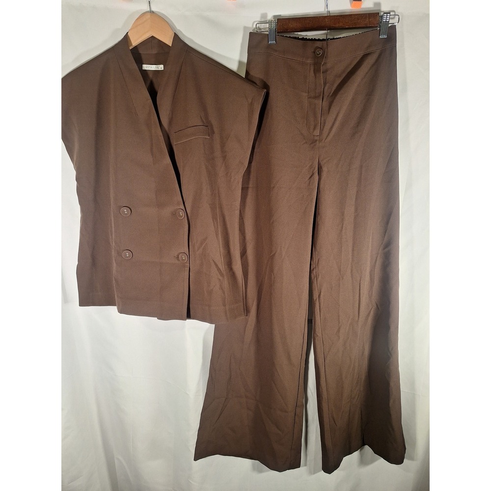 Esta Line Brown 2 Piece Pant Suit Sleeveless Double Breasted Vest Wide Leg 38